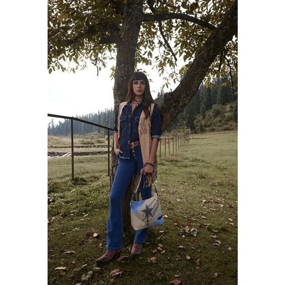 Myra Bag Handmade Blue Star Messenger Bag Upcycled Canvas & Cowhide Leather - Picture 15 of 15